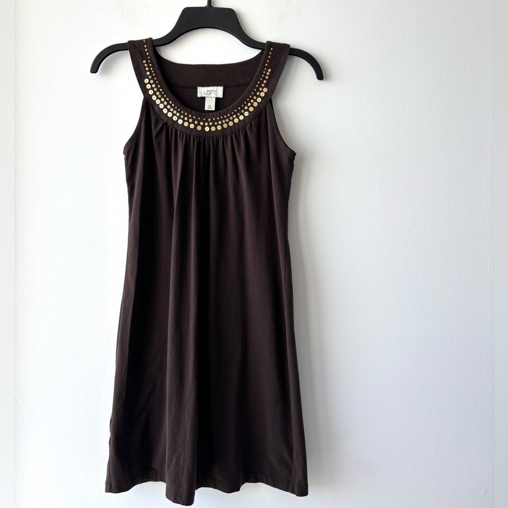 VTG Ann Taylor LOFT Mini Dress Sleeveless Brown Sequin Neck Womens XS Boho